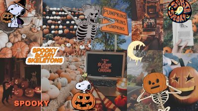 halloween collage with pumpkins, jack - o'- lanternes and skeletons Cute Aesthetic Halloween For Computer October Macbook Aesthetic, Spooky Season Aesthetic Laptop, Spooky Season Desktop, dim gray