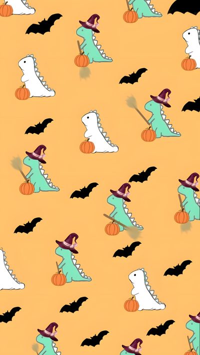 an image of a halloween pattern with cats and bats on orange background for wallpaper Halloween Dinosaur For Phone Fall Dinosaur, Halloween Dinosaur, Bat Background, Autumn Bats, sandy brown