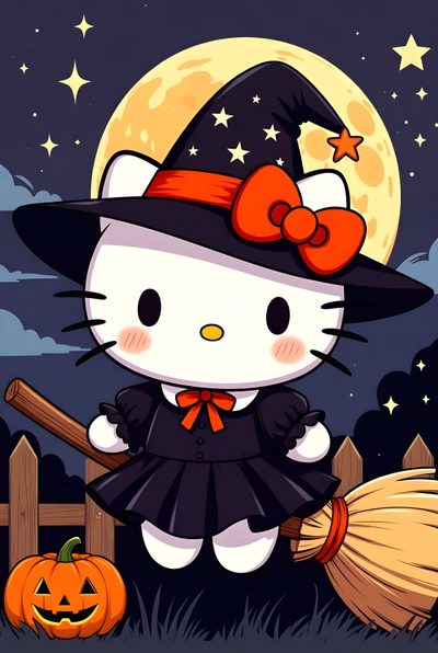 a hello kitty dressed up as a witch with a broom and pumpkin in front of a full moon Halloween With Hello Kitty In A Hat Halloween Pictures Hello Kitty, Happy Halloween Hello Kitty, Hellokitty Halloween, dark slate gray