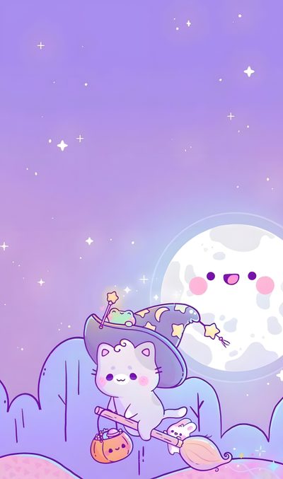 a cartoon cat with a witch hat on sitting in the grass next to a full moon Halloween Cute Witch Purple Whats, Halloween Cute, Iphone Kawaii, Witchy, Cute Pastel, Images Bonjour, plum