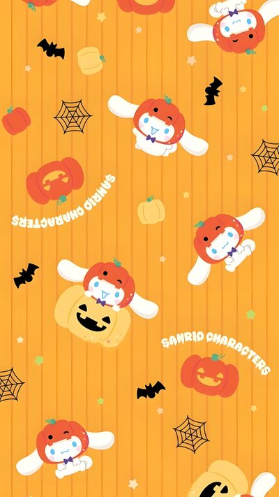 an orange background with some animals and bats Cinnamon Roll Halloween Cute Cinnamoroll Halloween, Halloween Cinnamon Roll, Cinnamon Roll Hello Kitty Halloween, goldenrod