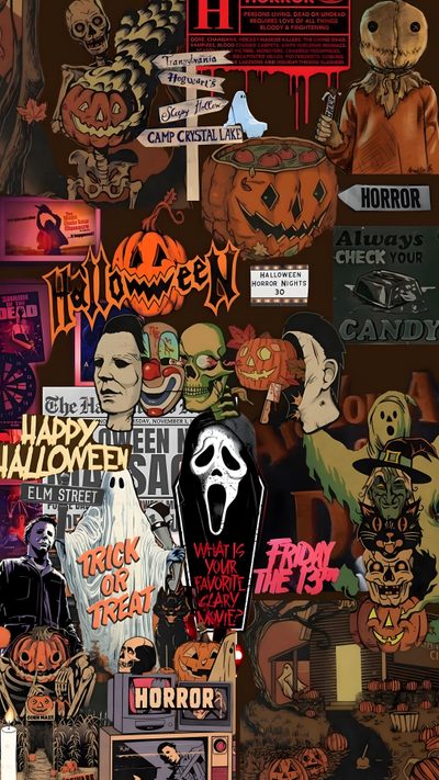 halloween collage with pumpkins, jack - o'- lanterns and ghost faces 80s Halloween Aesthetic Halloween Projector, Halloween Iphone Backgrounds, Movie Collage, dark olive green