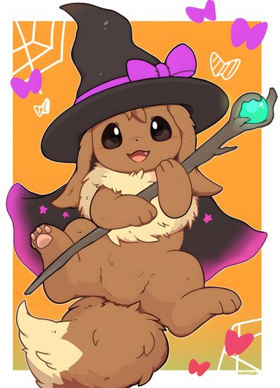 a cartoon bear dressed as a witch holding a wand Eevee Halloween Eevee Witch, Eevee Halloween Fanart, Halloween Eevee Gif, Eevee Halloween Art, peru