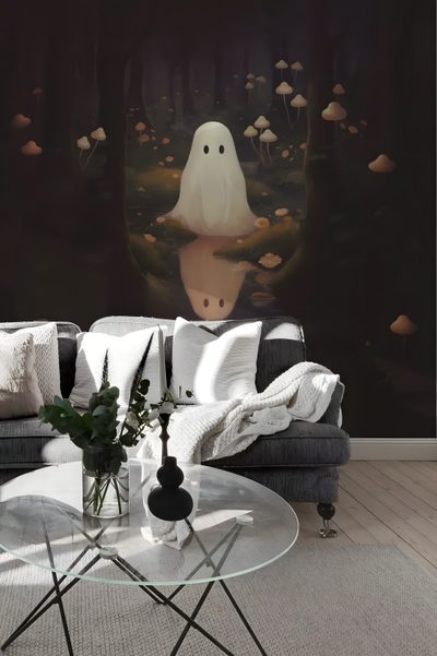 a living room with a couch, coffee table and large wall mural in the background Halloween Ghost For Bedroom Mushroom Ghost, Mushroom Design Inspiration, Artistic Mushroom, dark slate gray