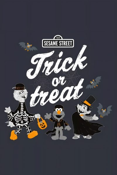 trick or treat poster with three cartoon characters dressed up as witches and skeletons on a dark background Sesame Street Halloween Sesame Street Trick Or Treat On Sesame Street, Sesame Street Halloween Clipart, Ernie Halloween, dark slate gray
