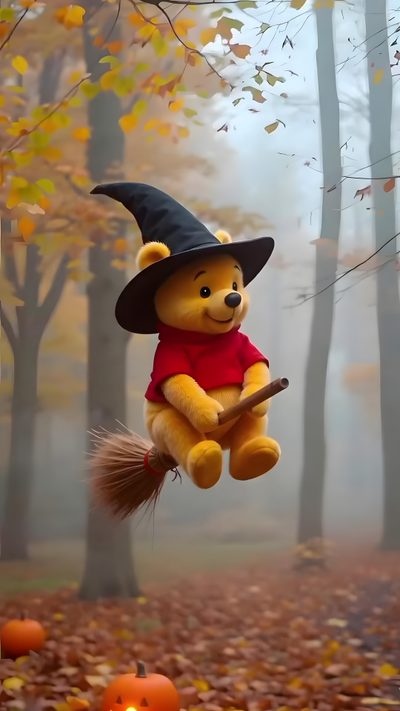 a teddy bear dressed as a witch flying through the air with a broom in his hand Halloween Winnie The Pooh Rose Park, Uma Thurman Poison Ivy, Pooh Bear, Halloween Town, Candy Corn, dim gray