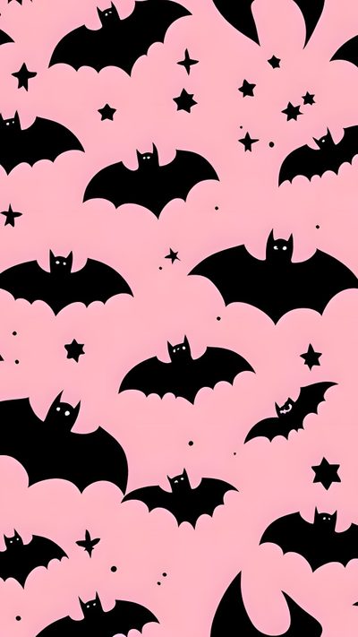 black bats and stars against a pink background Halloween Cute Bats Silhouette Aesthetic Pink Bat, Pink And Black Halloween Background, Pink And Black Halloween,