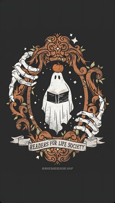 a black background with an orange and white ghost in the center, surrounded by scrollers Halloween Kindle Halloween Themed Book Design, Fantasy Bookish, Halloween Book Drawing, dark slate gray