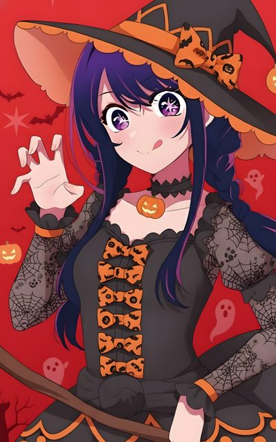 a woman in a witch costume holding her hand up to the side while wearing a witches hat Oshi No Ko Halloween Art Halloween, Japanese Anime, Fond D'ecran Pastel, Character Art, Pastel, saddle brown