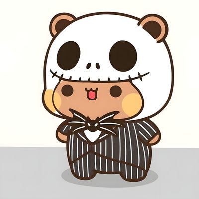 a cartoon panda bear wearing a suit and bow tie with its eyes closed, standing in front of a white wall Bubu Dudu Halloween Milk Mocha Bear Halloween, Bubu Dudu Halloween, Milk And Mocha Halloween, floral white