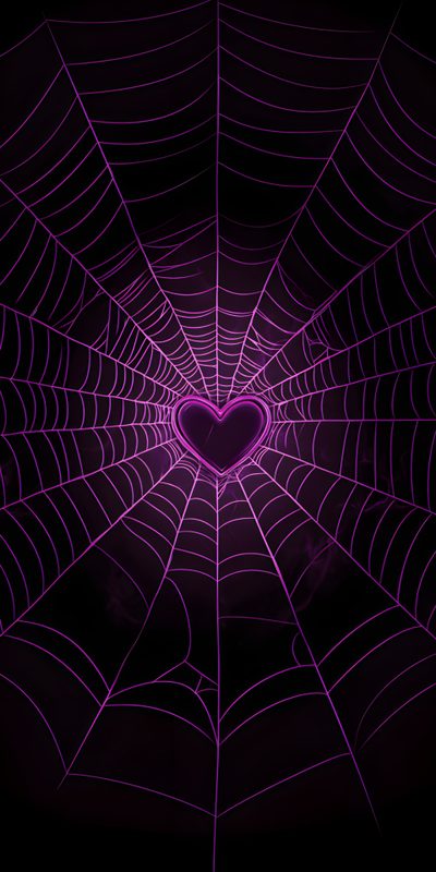 a spider web with a heart in the center and purple lights on it's sides Cute Halloween Heart Cool Witch, Spooky Backgrounds Aesthetic, Cute Light Purple Aesthetic, black