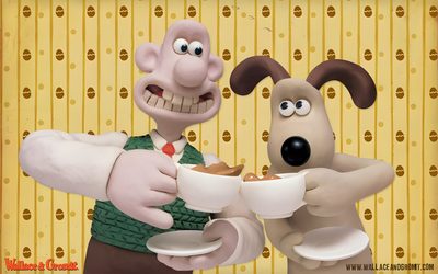 two cartoon dogs are eating out of coffee cups with their mouths open and one dog is holding a plate Wallace And Gromit Halloween Hd Wallace And Gromit Poster, Wallace And Gromit Rewired, Wallace And Gromit, burlywood
