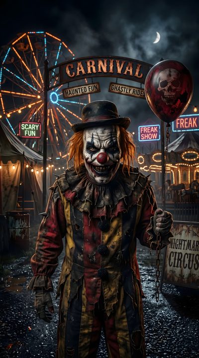 a creepy clown standing in front of carnival sign Clown Halloween Killer Klowns From Outer Space, Creepy Clown, Halloween Horror Nights, Funny, black