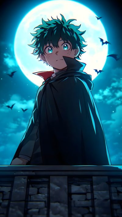 an anime character standing in front of a full moon with bats flying around him and looking at the camera Izuku Midoriya Izuku Midoriya Halloween Izuku Midoriya 4k, Midoriya 4k, Midoriya Izuku 4k, dark slate gray