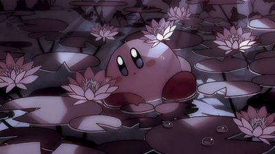 a cartoon character floating in the water surrounded by lily pads and pink lilies with one eye open Kirby Halloween 4k Flare For Laptop, Kawaii Anime Laptop, Cute Aesthetic Pink For Ipad, dark slate gray
