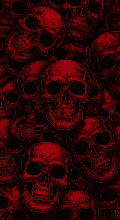 a bunch of skulls that are in red and black colors, with one skull on the left side Halloween Red Skull Oldschool, Red Skulls, Red Skull Pattern, Red Skull In Pattern, Red Skull Aesthetic, black