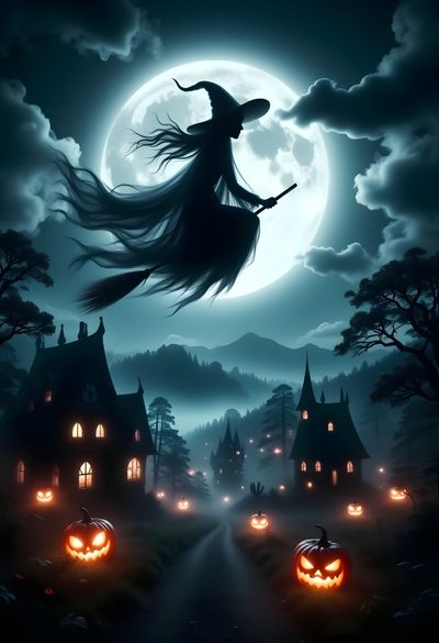 a witch flying through the night with her broom Witch Broomstick For Halloween Halloween, Halloween Witch, dark slate gray