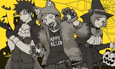 some anime characters are dressed up for halloween Jujustu Kaisen Halloween 1920x1080 Megumi Halloween, Nobara Halloween, Halloween Jujutsu Kaisen, dark olive green