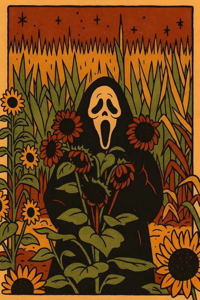 a painting of a person with sunflowers in the foreground and an orange background 70s Halloween Ghost Face Posters, Halloween Movie Poster Art, Vintage Halloween Iphone, saddle brown