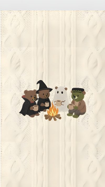 three bears sitting around a campfire on a knitted blanket with the words bear friends written Halloween Bear Iphone Halloween Iphone Backgrounds, Halloween Backgrounds, Halloween Cute, gainsboro
