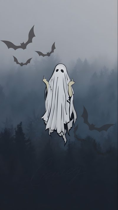 a group of bats flying in the sky over a forest with a ghost on it Spooky Halloween Ghost Halloween Iphone, Edgy, Halloween Iphone Backgrounds, dark slate gray