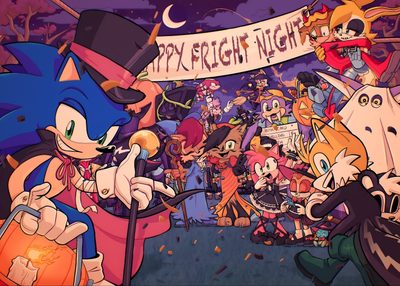 cartoon characters in front of a banner that says happy halloween night with an image of cats and Sonic The Hedgehog Halloween Halloween Sonic, Sonic Halloween, Sonic And Shadow Halloween, dim gray