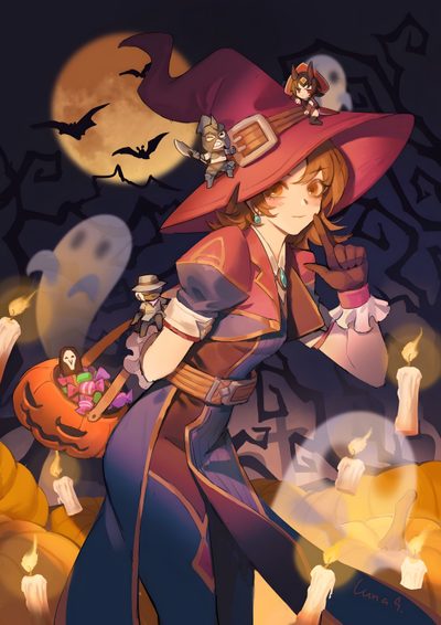 a woman in a witch costume holding a pumpkin and wearing a hat with cats on it Overwatch Halloween Witch Kiriko Skin, Overwatch Kiriko Witch Skin, Witch Kiriko, dark olive green