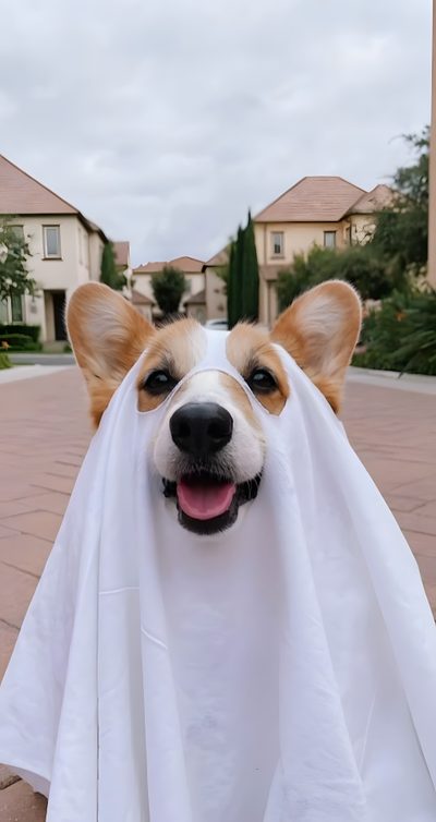 a dog is dressed up as a ghost Corgi Halloween Diy Halloween Costume, Kinds Of Dogs, Dog Halloween Costumes, Dog Memes, light steel blue
