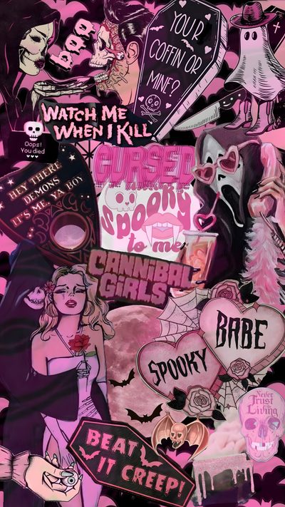 a bunch of stickers that are on top of each other in pink and black Pink Halloween Collage Halloween Iphone Backgrounds, Trippy Iphone, Halloween Backgrounds, dim gray
