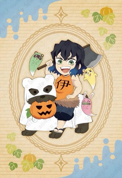 an anime character is holding two pumpkins and a cat in front of her face Inosuke Halloween Demon Slayer Christmas Inosuke, Halloween Inosuke, Inosuke Halloween Pfp, wheat