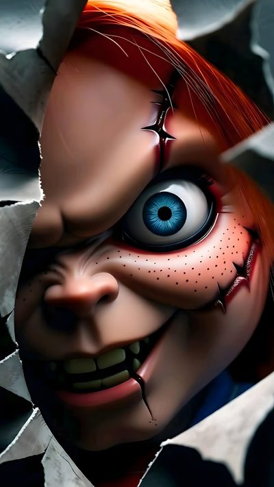 a close up of an evil looking doll with blue eyes and orange hair, breaking through a hole in the paper Halloween Scary Chucky Horror Movie Tattoos, Kodak Black, Chucky Horror Movie, Movie Tattoos, dark slate gray