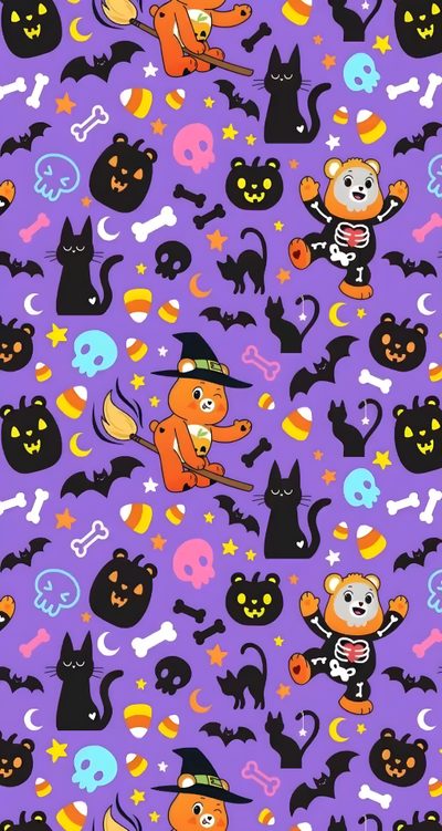 halloween themed wallpaper with cats, bats and skulls Aesthetic Halloween Care Bear Scare Bears, Care Bear Fall, Carebear Halloween, medium purple