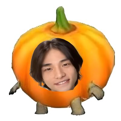 an orange pumpkin with a man's face in the center and another photo behind it Hyunjin Halloween Orange, burlywood