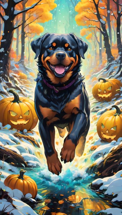 a painting of a dog running in the snow with pumpkins around him and two jack - o'- lanterns behind it Halloween Rottweiler Rottweiler Fall Scenery, Halloween Rottweiler Art, Rottweiler Autumn Scenery, dim gray