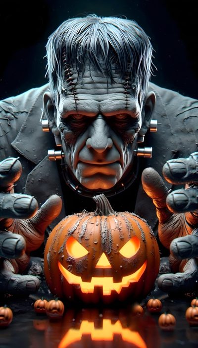 a creepy man with his hands in front of a jack - o'- lantern Frankenstein Halloween Halloween Art Aesthetic, Scary Frankenstein, Halloween Horror Movie Iphone, dark slate gray