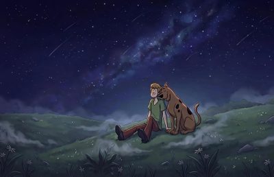 a man sitting on top of a hill next to a dog under a sky filled with stars Scooby Doo Halloween 1920x1080 Laptop, Pc, Ipad, Animated Characters, Iphone Background, dark slate gray