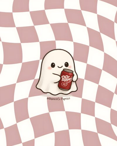 a white ghost holding a can of soda on top of a checkered wallpaper Dr Pepper Halloween Ghost With Dr Pepper, Cute Pictures Of Ghosts, Halloween Ipad, linen