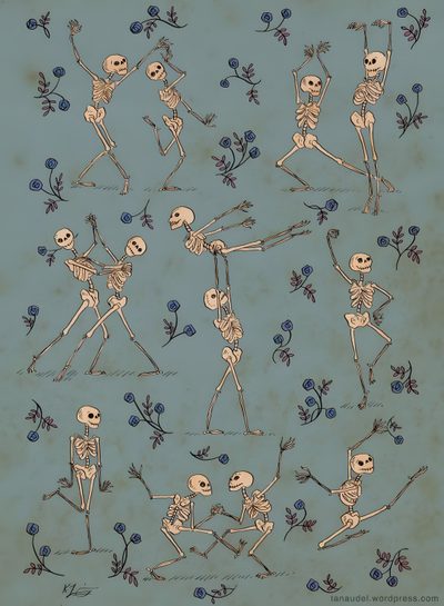 an image of skeletons dancing with flowers in their hands and arms on a blue background Halloween Dancing Skeleton Skeleton Prints, Blue Skeleton, Colorful Dancing Skeleton Tattoo, gray