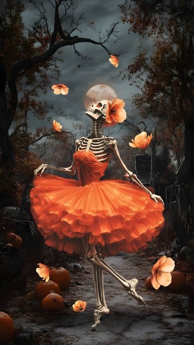 a painting of a skeleton in an orange dress with flowers around her and pumpkins on the ground Halloween Ballerina Dancing Skeleton, Spooky Scary Skeletons Dance, Halloween Ballerina, dark slate gray