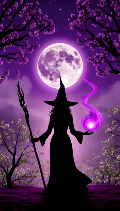 a witch holding a staff in front of a full moon with trees and flowers all around Halloween Purple Witch Witchy Images, Purple Witchy, Witch, Fairy Pictures, Witchy, Vibes Art, indigo