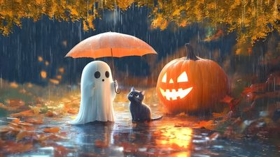 two halloween pumpkins with ghost faces and one cat under an umbrella in the rain Halloween Desktop Dual Screen Halloween Desktop Pictures, Animated Halloween Desktop, Halloween Rain, dim gray