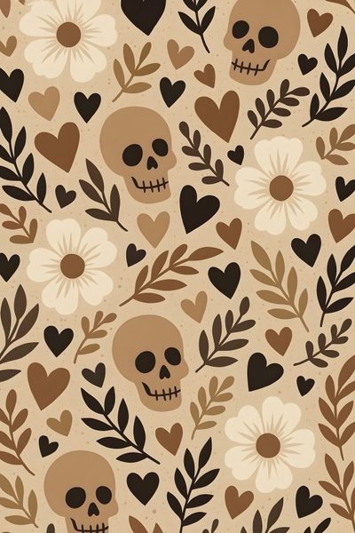 a pattern with skulls and flowers on the background is shown in brown, black and white colors Halloween Tan And Black Leopard Fall Background, Spooky Pattern, Summerween Iphone, September,