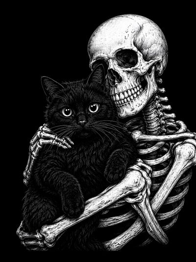 a cat sitting on top of a skeleton holding it's head in its paws Kitty Skeleton Halloween Cats Aztec Tattoo Designs, Combat Art, Skeleton Art, Skull, Edgy, Cat, black