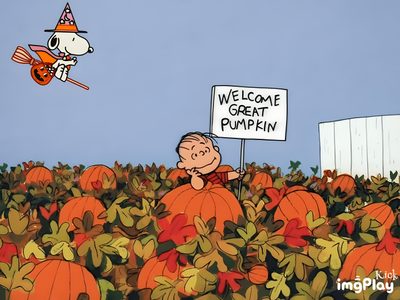 a cartoon character holding a sign in a pumpkin patch Snoopy Halloween Gif Snoopy Halloween Banner, Pumpkin Header Twitter, Snoopy Halloween Facebook Cover Photo, dark gray