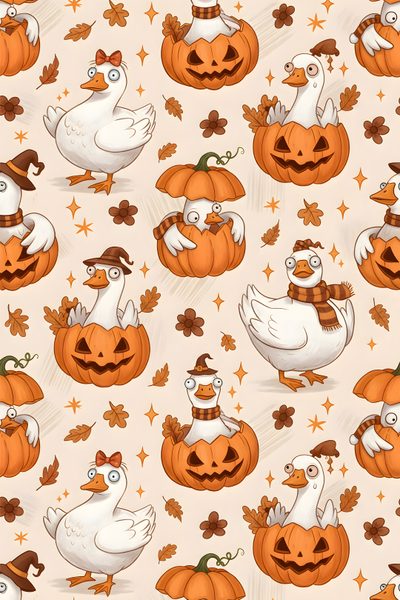 ducks and pumpkins on a pink background with stars, leaves and acorns Halloween Duck Fallen Book, Fall Patterns, Gothic Halloween, Pumpkin Pattern, Pumpkin Design, antique white
