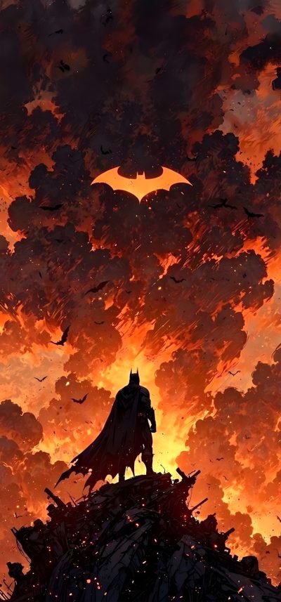 the dark knight stands on top of a pile of rubble in front of an orange sky Batman Halloween Iphone Batman Phone, Batman Sky, The Batman Sunset, Batman Red Sky, maroon