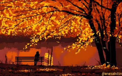 a painting of a person sitting on a bench in front of a tree with yellow leaves Halloween Pixel Art Gif Orange Pixel Art Gif, Autumn Pixel Art Gif, Autumn Pixel Art Aesthetic, saddle brown