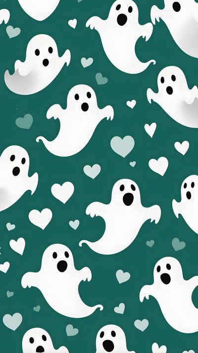 a green background with white ghost and hearts Halloween Spooky Ghost Pattern Ghost Background, Halloween - Ghost Mood - Aqua, Cute Green Halloween, dark slate gray