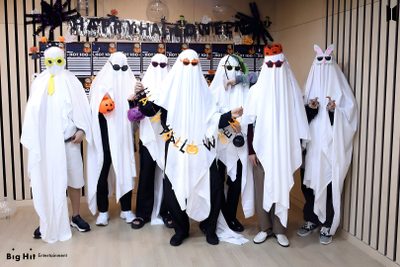 several people in white costumes standing next to each other with halloween decorations on their heads Bts Halloween Laptop Bts Ghost, Bts Pumpkin Painting, Bts Fall Aesthetic, Army Halloween, dark gray