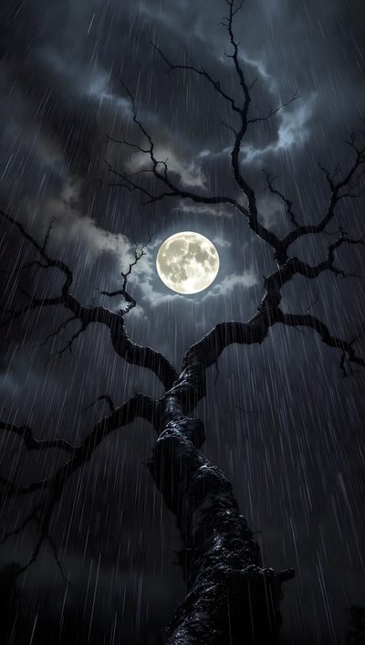 a full moon is seen through the branches of a tree in the dark night sky Rainy Halloween Night Sky Midnight Rain Aesthetic, Full Moon Photography, Full Moon Aesthetic Dark, dark slate gray